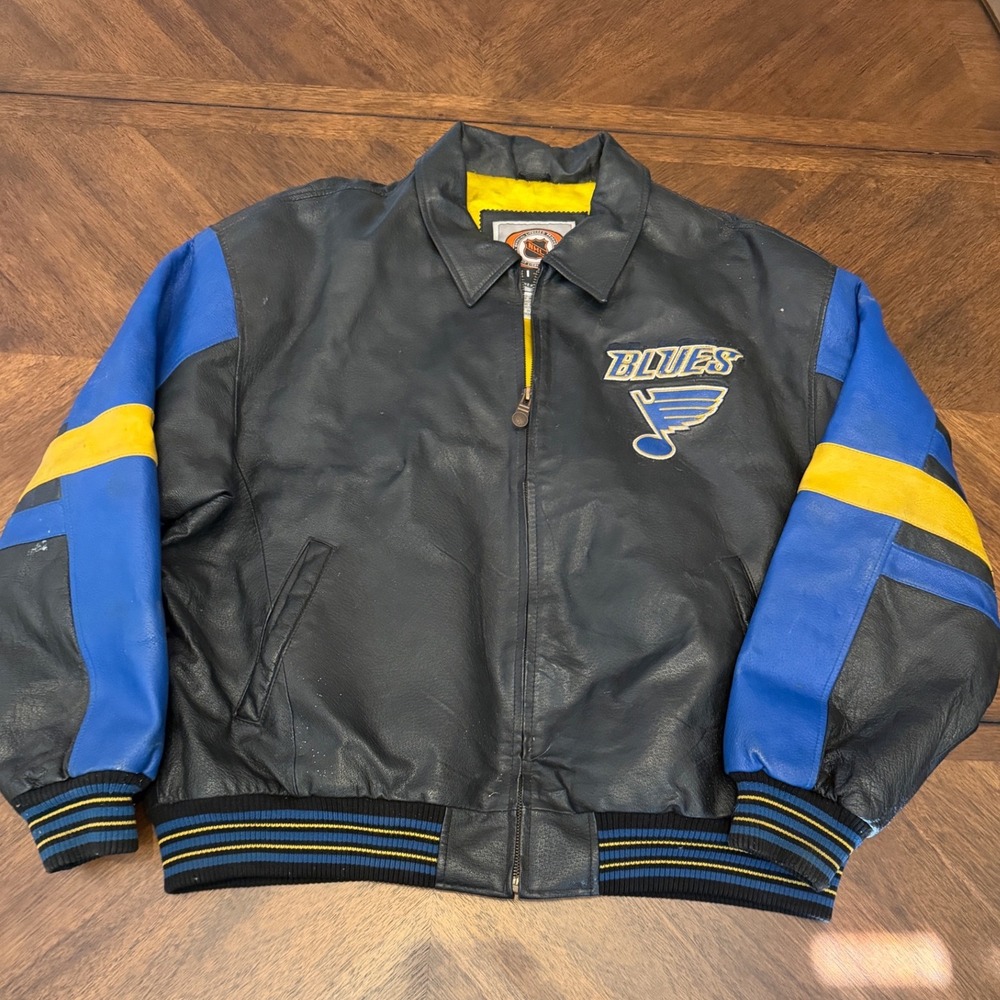 Vintage NHL St Louis Blues G-III Carl Banks Leather Jacket XL Black Blue Yellow